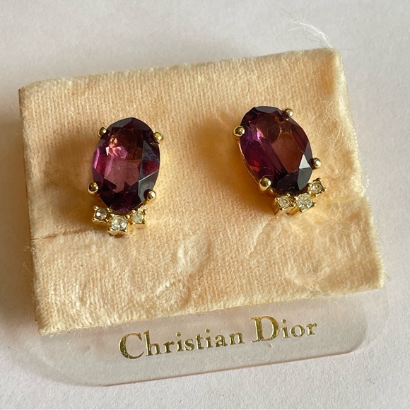 Christian Dior vintage purple amethyst clip on earrings rhinestone luxury - Picture 2 of 10